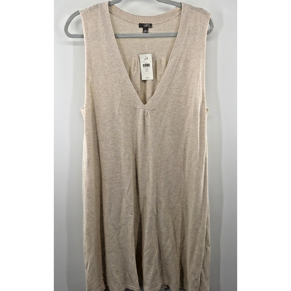 J. Jill V-Neck‎ Midi Dress Sleeveless Linen Cotton Tan XLP NWT Lagenlook Classic